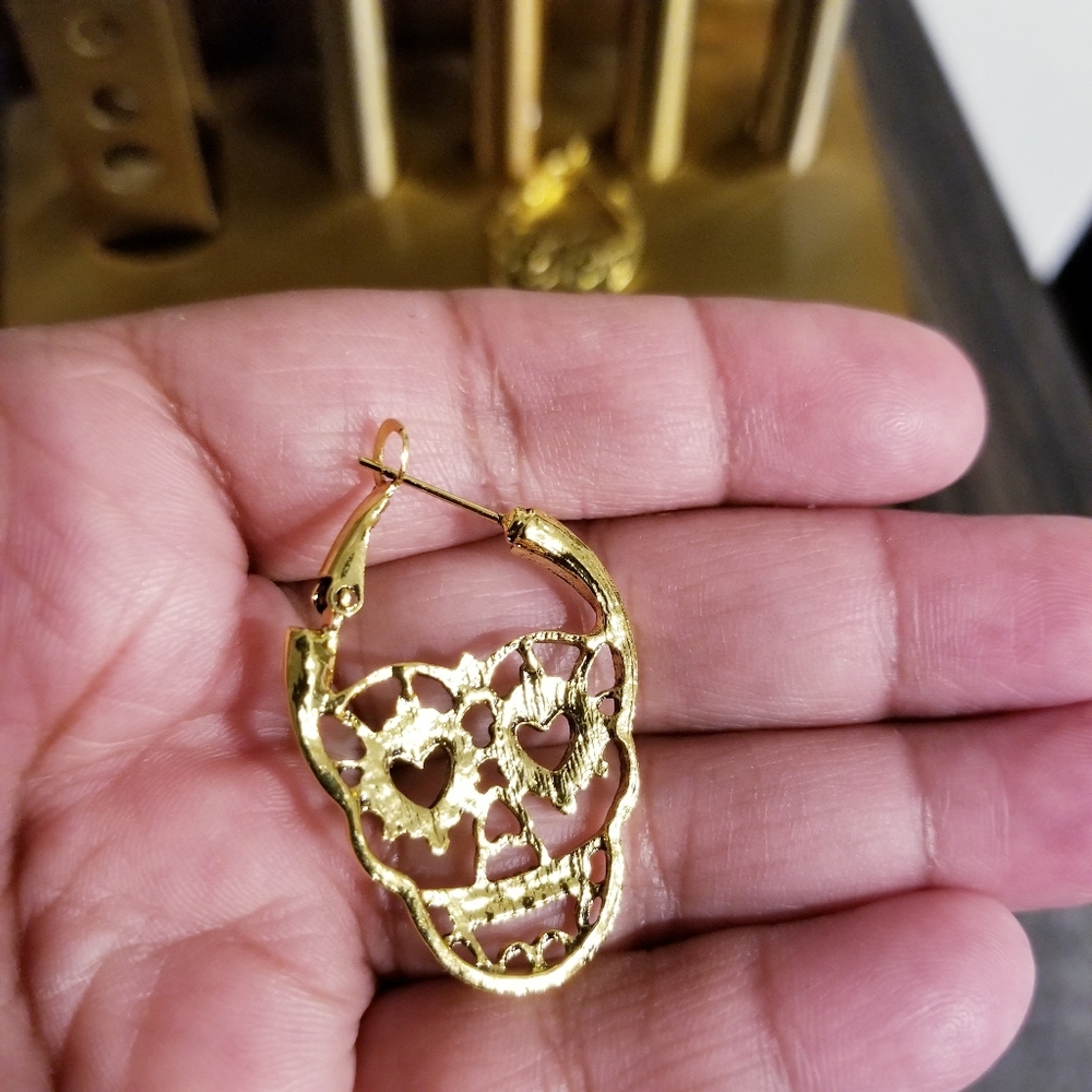 Gold Skull Hoop Earrings - Picture 2 of 4
